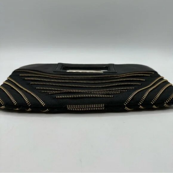 BCBGMaxAzria Black Clutch Genuine Leather Trim Elegant Gold Zipper Design - Picture 6 of 11